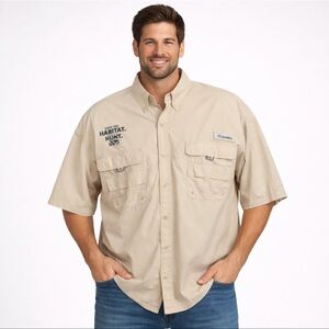 📌 Columbia PFG Omni-Shade NWTF Short Sleeve Fishing Shirt Beige XL